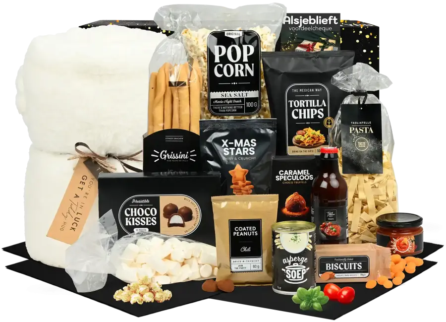 Kerstpakket met teddy plaid, aspergesoep, borrelnootjes en verschillende producten voor het maken van pasta