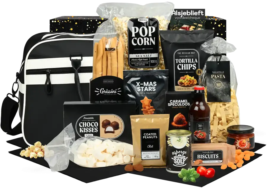Retro kerstpakket met retro zwarte tas met verschillende zoete en hartelijk foodproducten