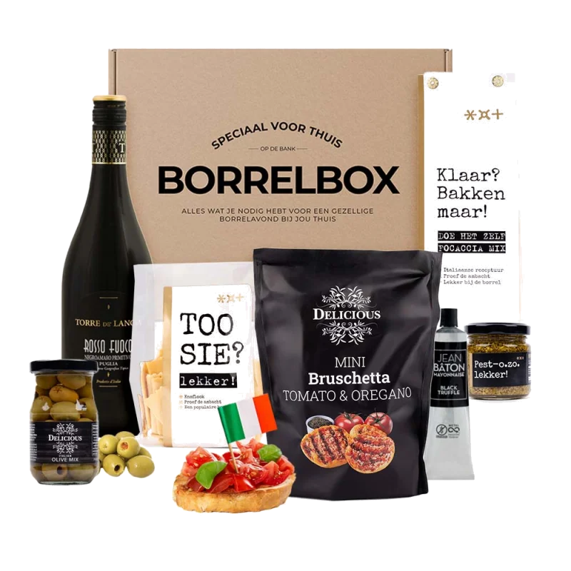 Italiaans borrelpakket met wijn en snacks