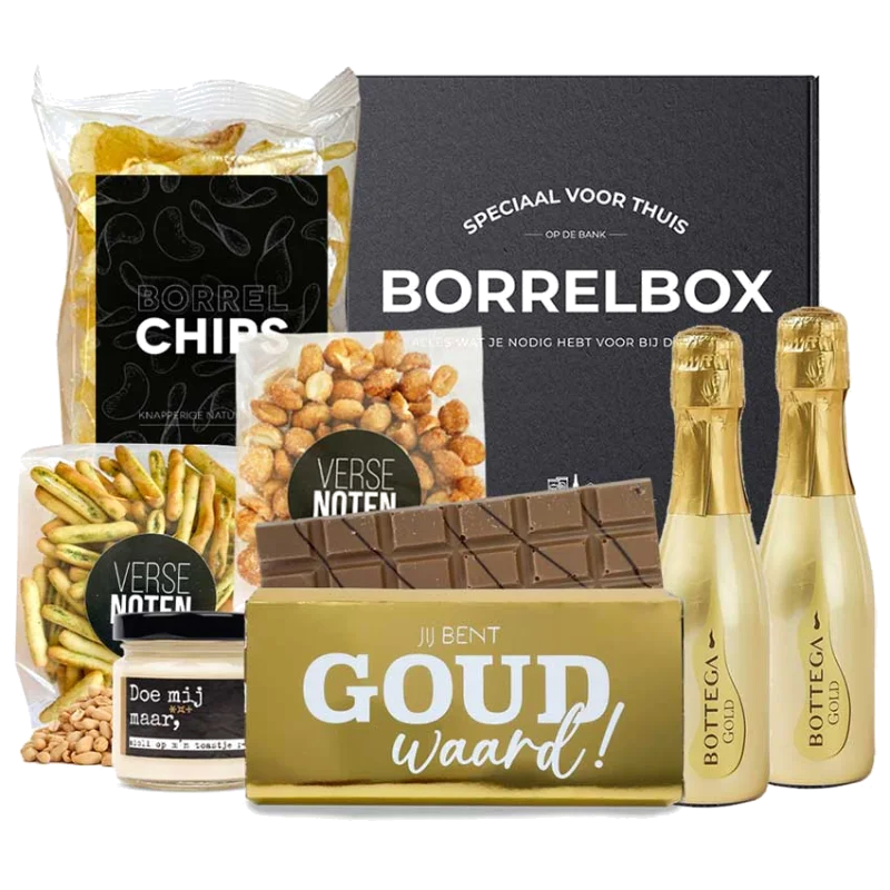 Jij bent goud waard kerstpakket met prosecco en snacks