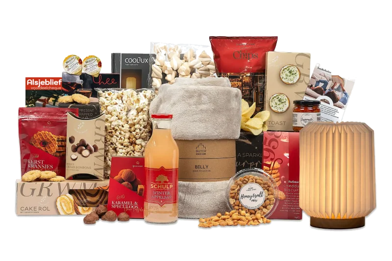 Kleurrijk feest kerstpakket met diverse lekkernijen en geschenken