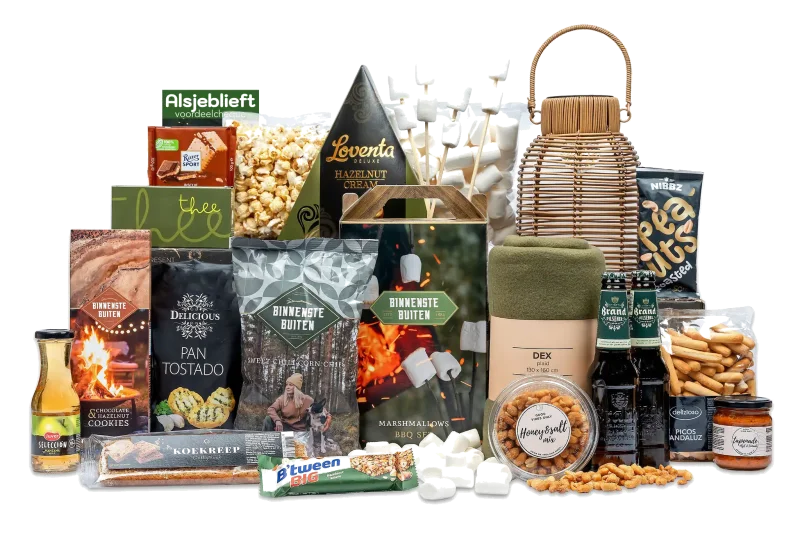 Knusse wintermomenten kerstpakket met diverse cadeaus en lekkernijen.