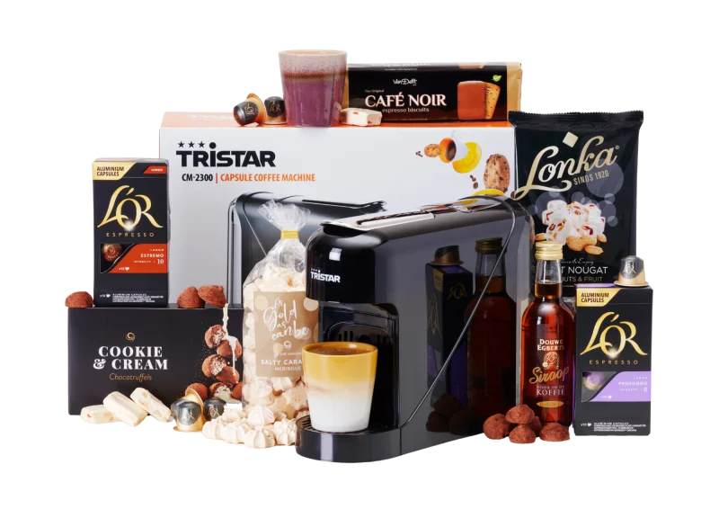 Koffiepakket met Tristar koffiemachine en lekkernijen