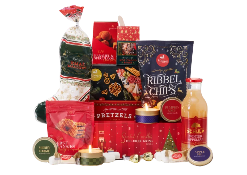 Kerstpakket Magische Momenten met lekkernijen en sfeerartikelen