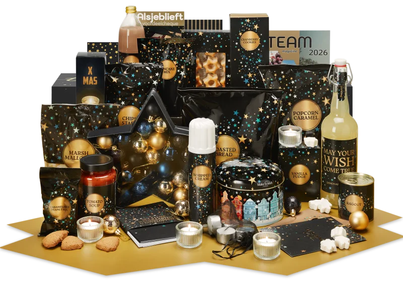 Make-a-wish kerstpakket met kerstballen en lekkernijen