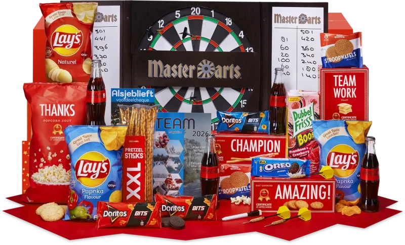 Master Of Darts kerstpakket met dartboard en snacks