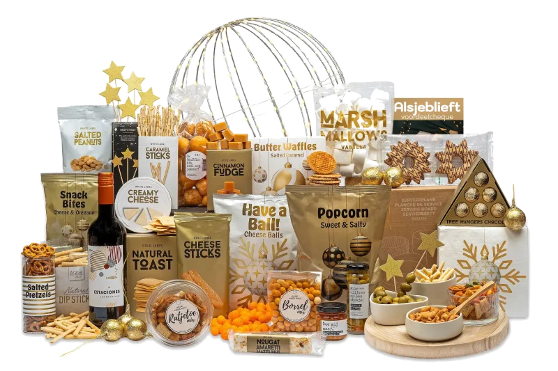 Kerstpakket Mooi verlicht met diverse lekkernijen en decoraties