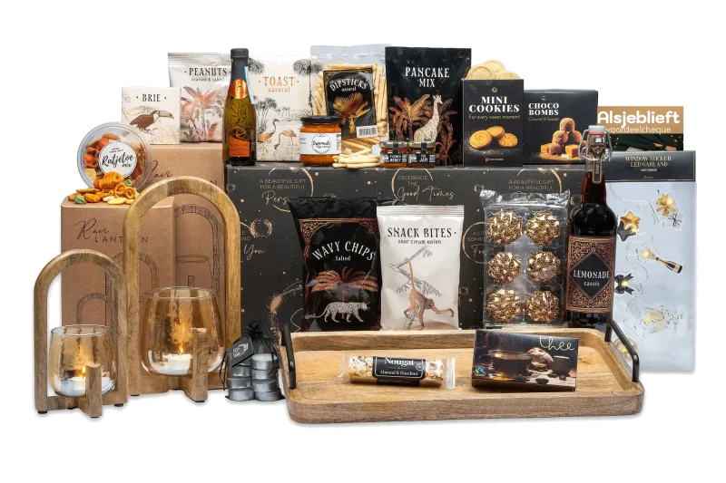 Natuurlijk verlicht kerstpakket met sfeervolle verlichting en lekkernijen