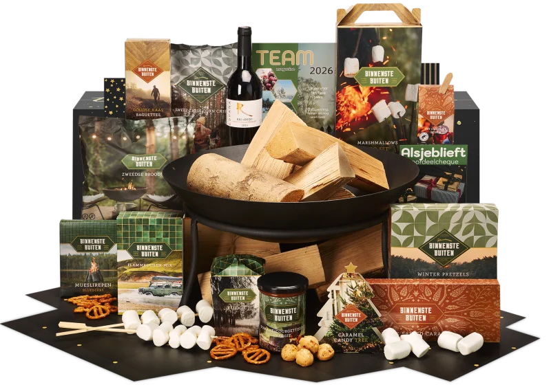 Om het vuur kerstpakket met vuurschaal en lekkernijen