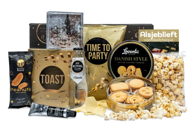 Party-time kerstpakket met feestelijke lekkernijen.