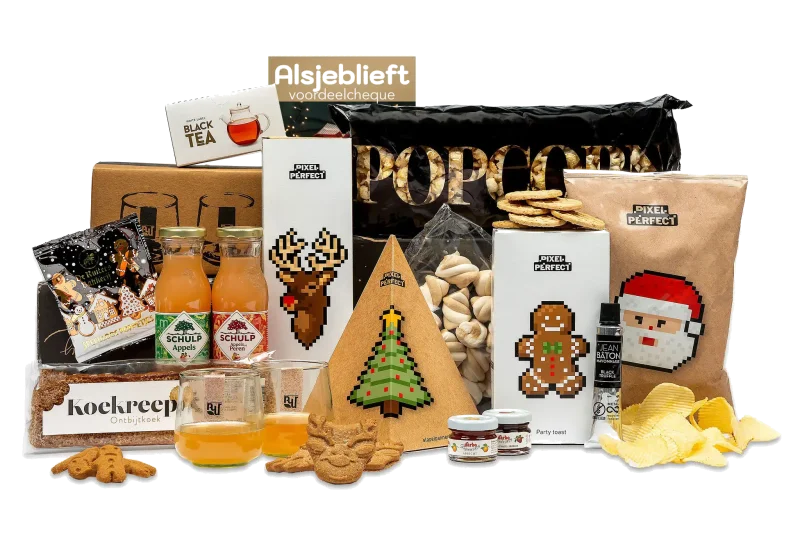 Pixel Xmas kerstpakket met glazen en lekkernijen