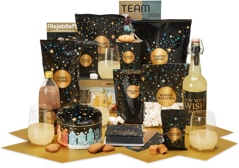Refresh kerstpakket met glazen, snacks en cadeaus.