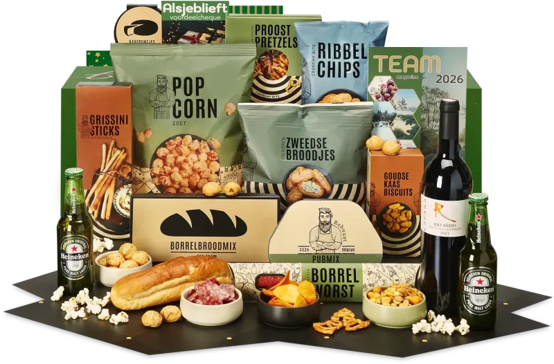 Robuust kerstpakket met snacks en drankjes