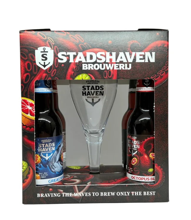 Kerstpakket Stadshaven GV 4fl. + Glas