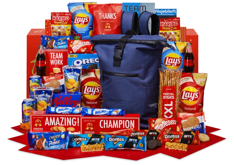 Travel Light kerstpakket met rugtas en lekkernijen