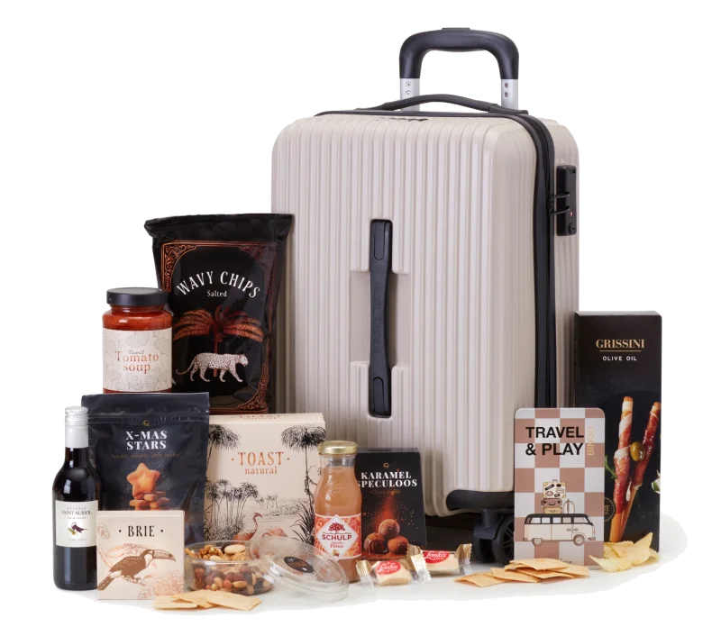 Vakantie kerstpakket met trolley en lekkernijen