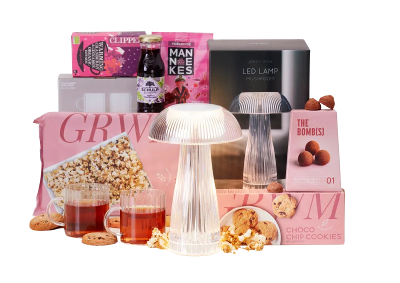 Verlichting kerstpakket met diverse lekkernijen en sfeervolle accessoires