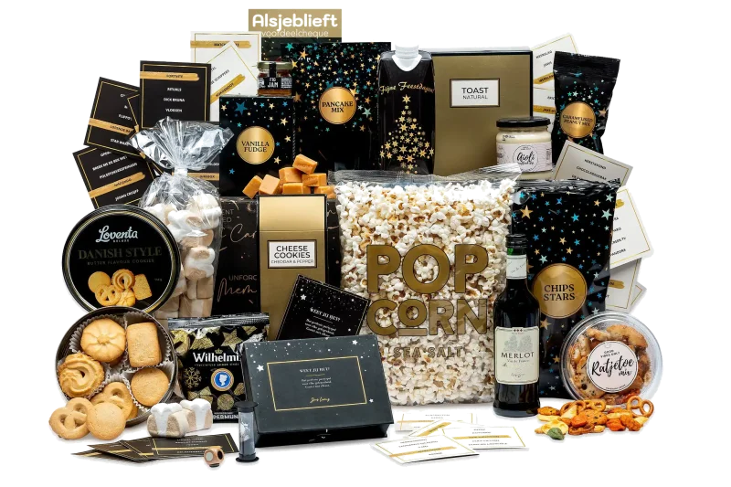 Wensen kerstpakket met lekkernijen en voucher