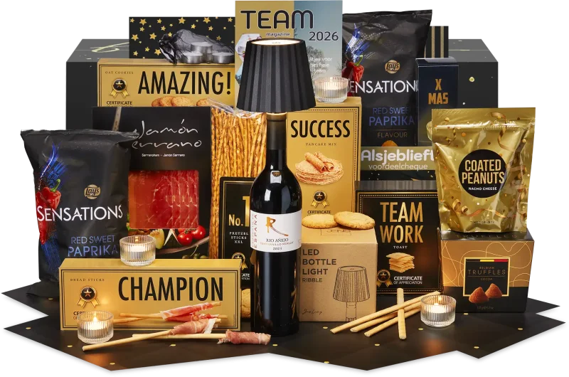 Wintergloed kerstpakket met goud en zwart thema